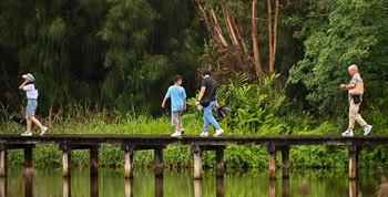 沈俊贤 (优异奖) - 一家人在城市湿地公园的桥上漫步。他们与周围茂密的树木和水共同享受着欢乐时光。这个景象展现了城市林木为我们创造更怡人的户外生活空间，同时彰显了人与树木园境之间友善共处的美好。